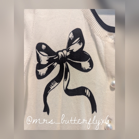 TALBOTS CHARMING CARDIGAN - BOW Holiday Button Front Soft White - Picture 4 of 6